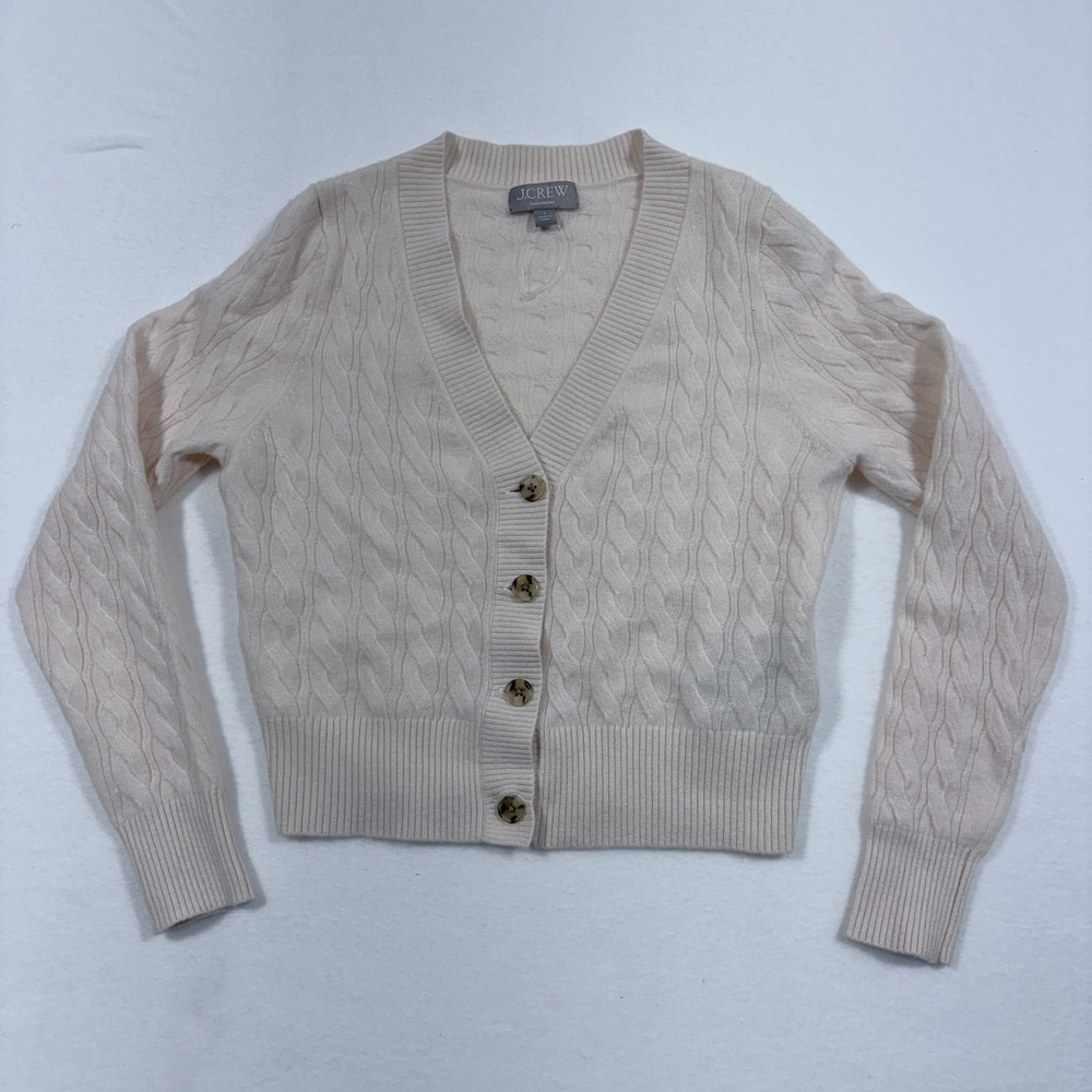 J.Crew Sz Small Cashmere Shrunken Sweater Cardigan In Snow Cable Knit Old Money